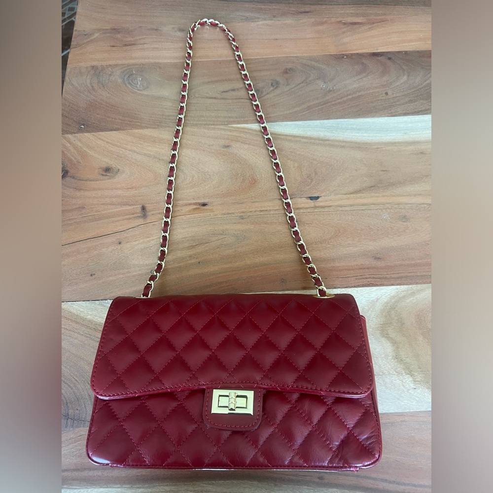 NWOT Red Italian Leather Handbag with Chain - Picture 5 of 5